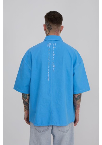 Erkek Frınged Nakışlı Oversize Açık Mavi Gömlek