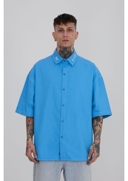 Erkek Frınged Nakışlı Oversize Açık Mavi Gömlek