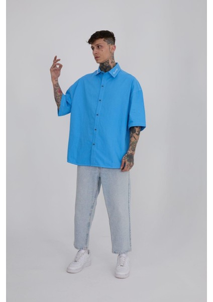 Erkek Frınged Nakışlı Oversize Açık Mavi Gömlek
