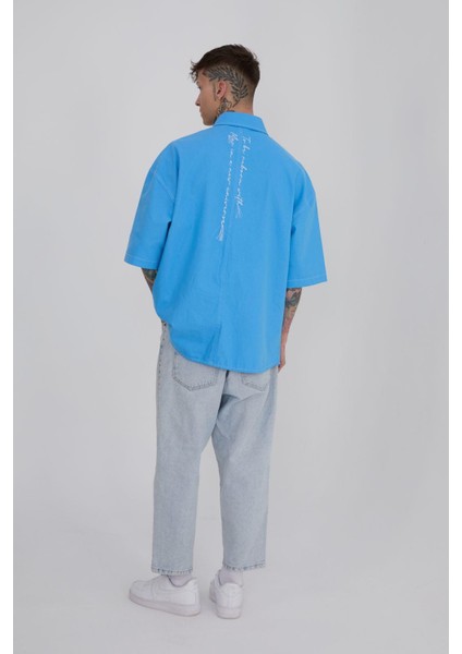 Erkek Frınged Nakışlı Oversize Açık Mavi Gömlek
