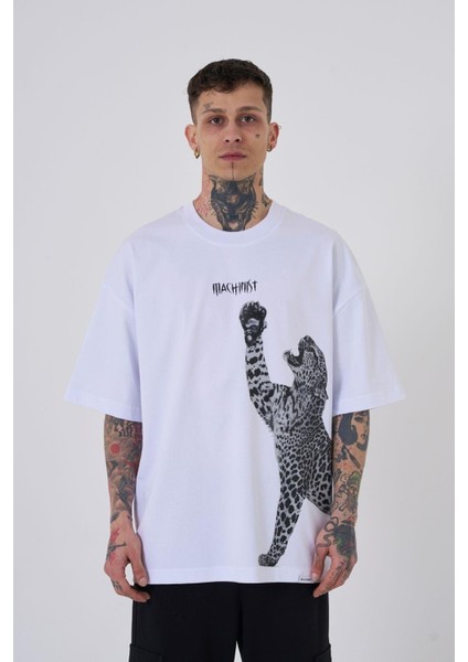 Erkek Leopard Baskılı Oversize Beyaz Tişört