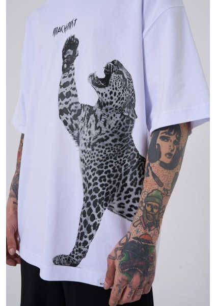 Erkek Leopard Baskılı Oversize Beyaz Tişört