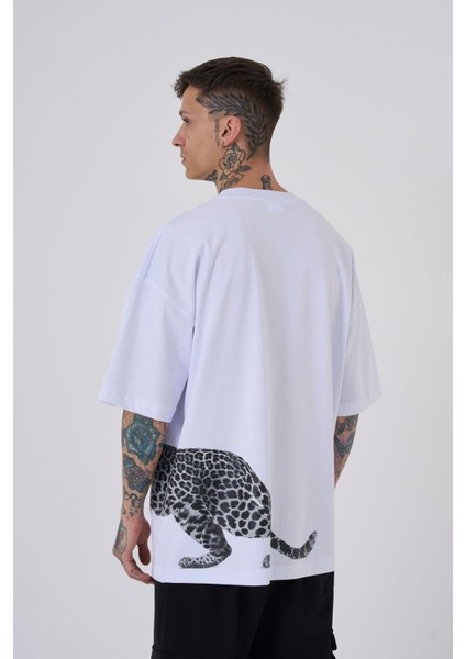 Erkek Leopard Baskılı Oversize Beyaz Tişört