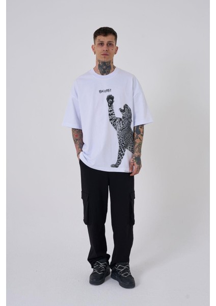 Erkek Leopard Baskılı Oversize Beyaz Tişört