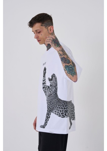Erkek Leopard Baskılı Oversize Beyaz Tişört