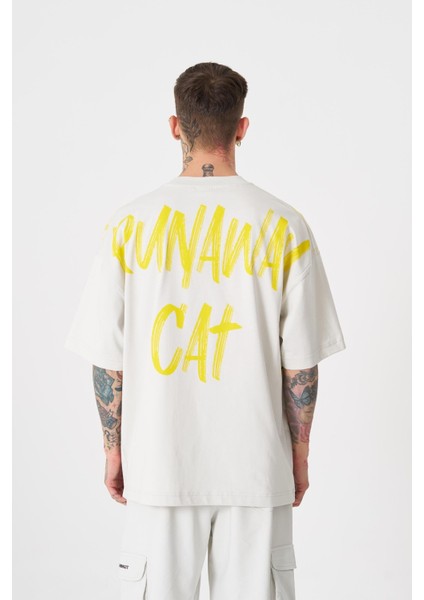 Erkek Runaway Cat Baskılı Oversize Gri Tişört