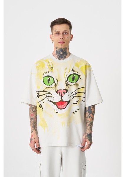 Erkek Runaway Cat Baskılı Oversize Gri Tişört