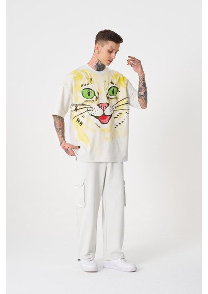 Erkek Runaway Cat Baskılı Oversize Gri Tişört