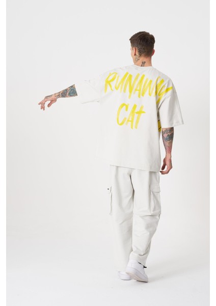 Erkek Runaway Cat Baskılı Oversize Gri Tişört