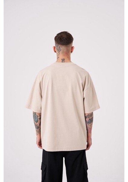 Erkek Believe Me Baskılı Oversize Açık Bej Tişört