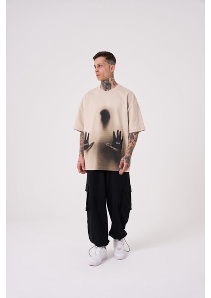 Erkek Believe Me Baskılı Oversize Açık Bej Tişört