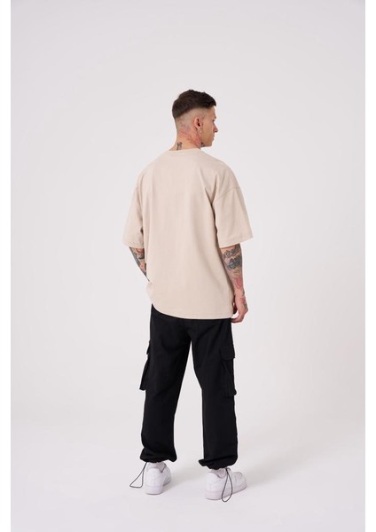 Erkek Believe Me Baskılı Oversize Açık Bej Tişört
