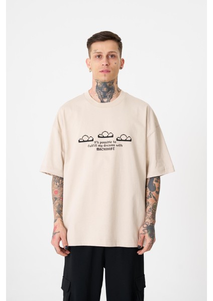 Erkek Dream Rob Baskılı Oversize Açık Bej Tişört