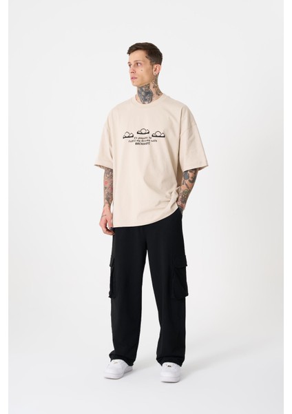 Erkek Dream Rob Baskılı Oversize Açık Bej Tişört
