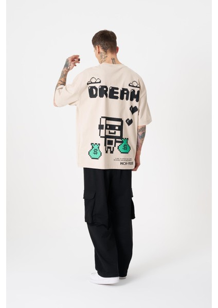 Erkek Dream Rob Baskılı Oversize Açık Bej Tişört