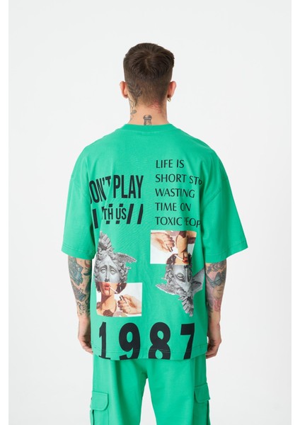 Erkek Hunt Your Dreams Baskılı Oversize Açık Yeşil Tişört