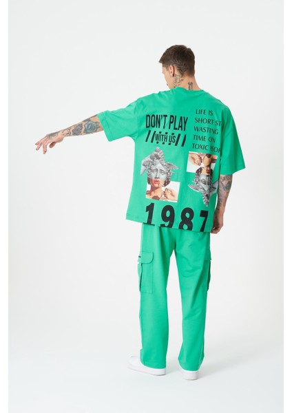 Erkek Hunt Your Dreams Baskılı Oversize Açık Yeşil Tişört fırsatları