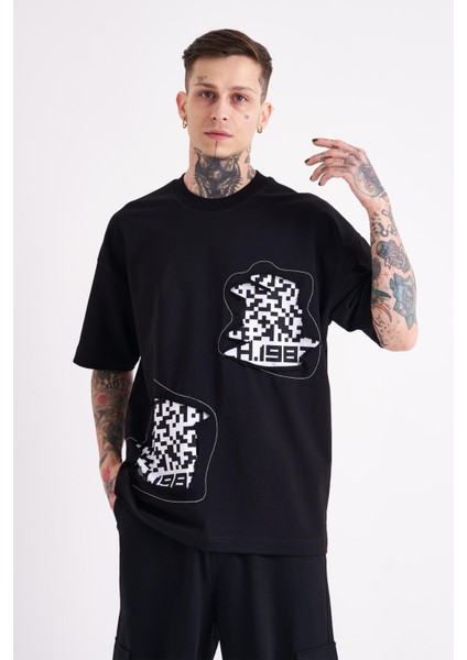 Erkek Dama Patch Oversize Siyah Tişört