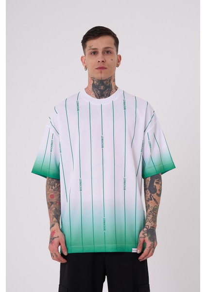 Erkek Striped Machinist Baskılı Oversize Beyaz Açık Yeşil Tişört