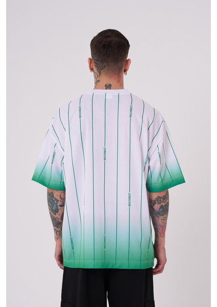 Erkek Striped Machinist Baskılı Oversize Beyaz Açık Yeşil Tişört
