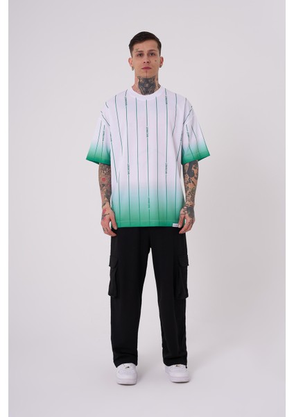 Erkek Striped Machinist Baskılı Oversize Beyaz Açık Yeşil Tişört