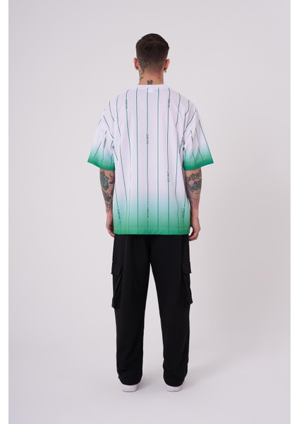 Erkek Striped Machinist Baskılı Oversize Beyaz Açık Yeşil Tişört