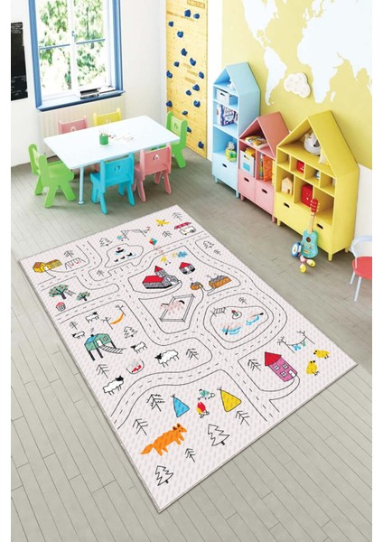 Ekonomik Desenli Renkli Dijital Baskı Yıkanabilir Kaymaz Taban Modern Çocuk Halısı.(Süngersiz)
