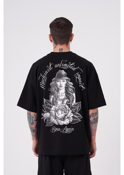 Erkek Rose Baskılı Oversize Siyah Tişört