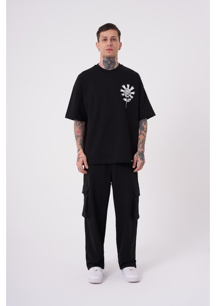 Erkek Rose Baskılı Oversize Siyah Tişört