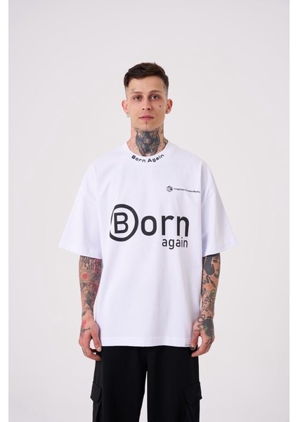 Erkek Imagination Creates Baskılı Oversize Beyaz Tişört