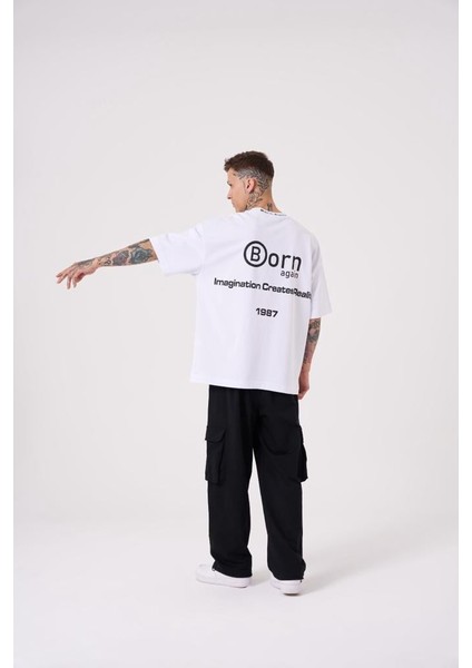 Erkek Imagination Creates Baskılı Oversize Beyaz Tişört