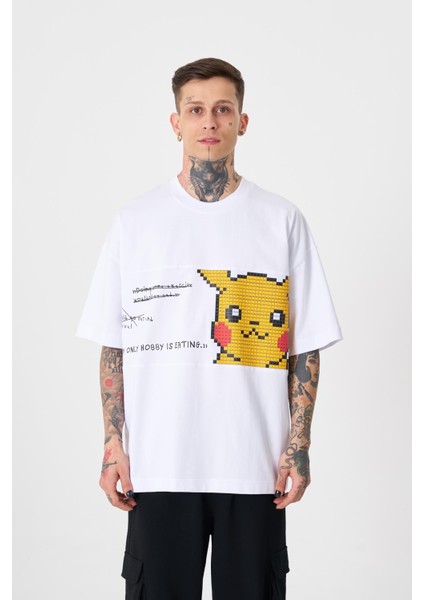 Erkek Pikachu Baskılı Oversize Beyaz Tişört