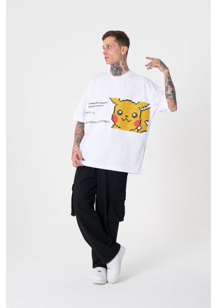 Erkek Pikachu Baskılı Oversize Beyaz Tişört