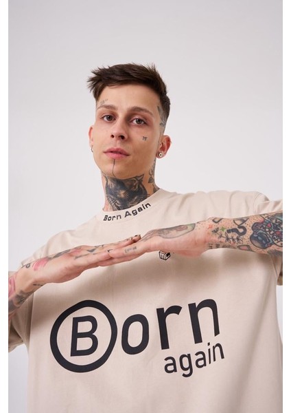Erkek Imagination Creates Baskılı Oversize Açık Bej Tişört