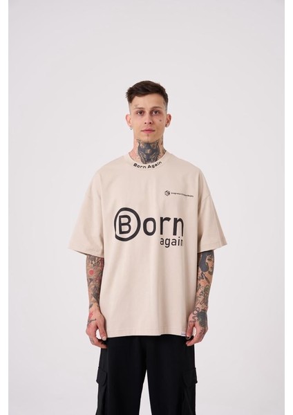 Erkek Imagination Creates Baskılı Oversize Açık Bej Tişört