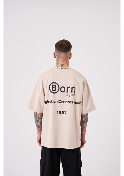 Erkek Imagination Creates Baskılı Oversize Açık Bej Tişört