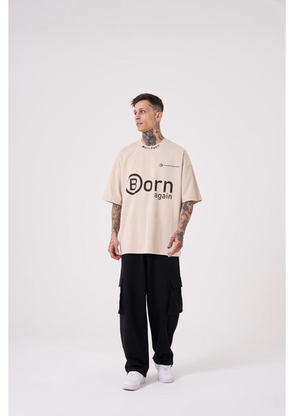 Erkek Imagination Creates Baskılı Oversize Açık Bej Tişört
