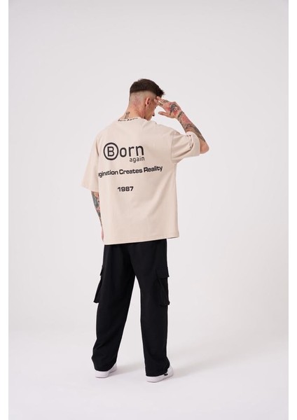 Erkek Imagination Creates Baskılı Oversize Açık Bej Tişört