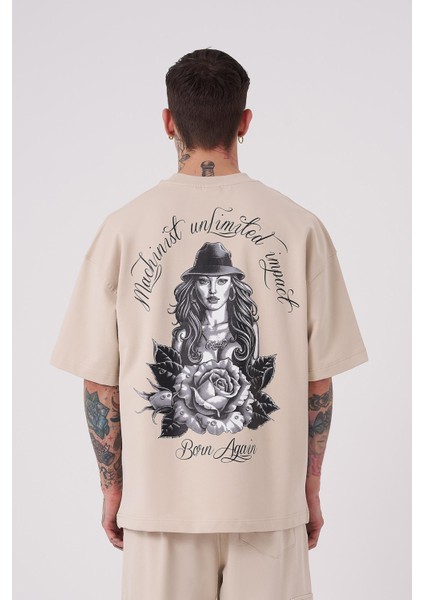 Erkek Rose Baskılı Oversize Açık Bej Tişört