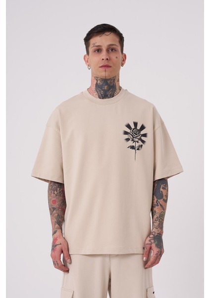 Erkek Rose Baskılı Oversize Açık Bej Tişört