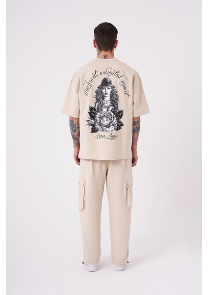 Erkek Rose Baskılı Oversize Açık Bej Tişört