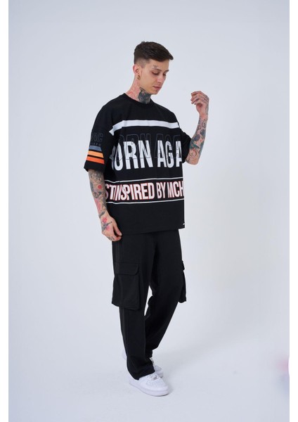 Erkek Inspired By Machinist Baskılı Oversize Siyah Tişört