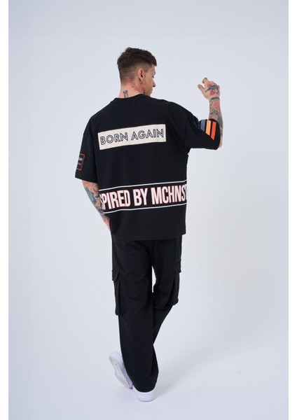 Erkek Inspired By Machinist Baskılı Oversize Siyah Tişört