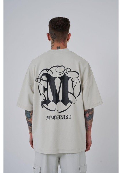 Erkek High Neck Baskılı Oversize Gri Tişört