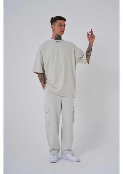 Erkek High Neck Baskılı Oversize Gri Tişört