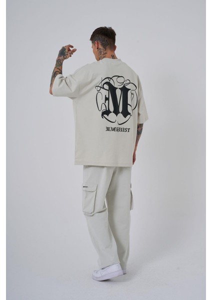 Erkek High Neck Baskılı Oversize Gri Tişört