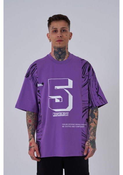 Erkek Number 5 Baskılı Oversize Mor Tişört