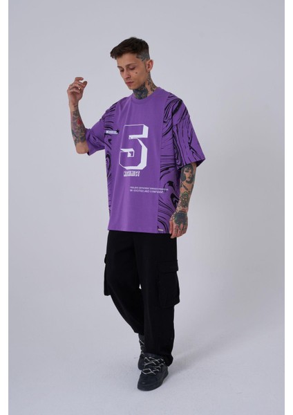 Erkek Number 5 Baskılı Oversize Mor Tişört