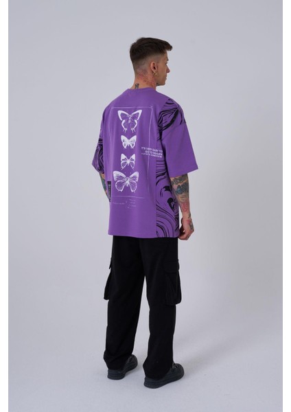 Erkek Number 5 Baskılı Oversize Mor Tişört