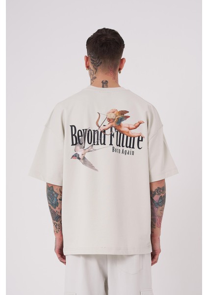 Erkek Beyond Future Baskılı Oversize Gri Tişört